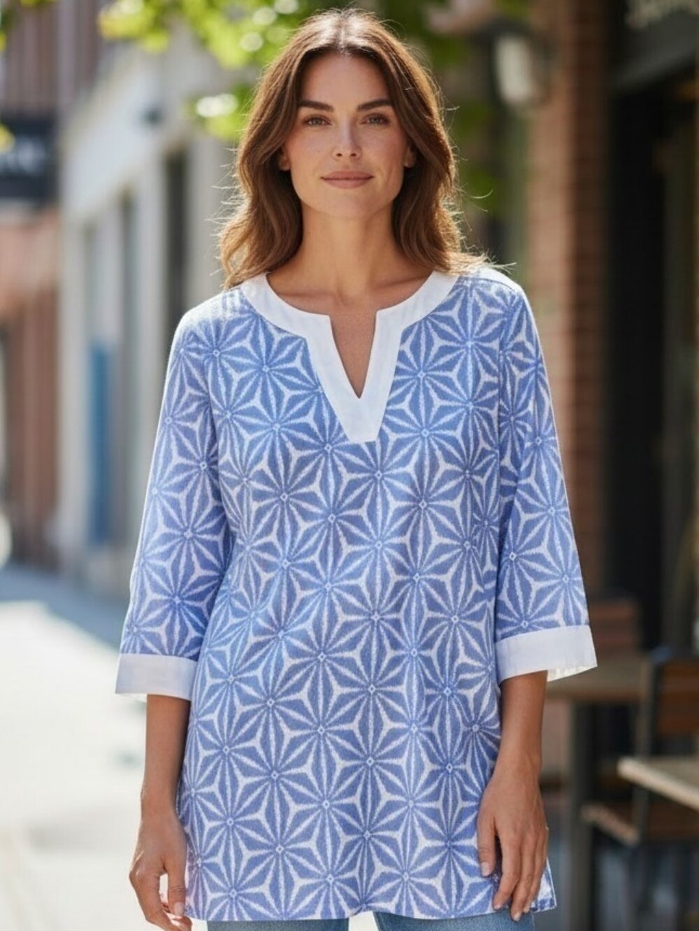 Larsen Gray Cotton Lightweight Women’s Blue Patterned Split-Neck Tunic Top